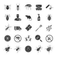 conjunto de iconos de glifo de control de plagas. exterminio. animales e insectos dañinos. símbolos de silueta. ilustración vectorial aislada vector