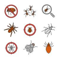 conjunto de iconos de color de control de plagas. detener pulgas, hormigas, búsqueda de cucarachas, arañas, objetivo de ácaros, cebo para mosquitos, escarabajo de tierra, mosca doméstica, chinches. ilustraciones de vectores aislados