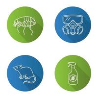 Pest control flat linear long shadow icons set. Insects repellent, flea, respirator, rodent. Vector outline illustration