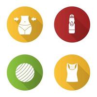 conjunto de iconos de glifo de sombra larga de diseño plano de fitness. equipo de deporte. pérdida de peso, botella de agua deportiva, fitball, camiseta sin mangas. ilustración de silueta vectorial