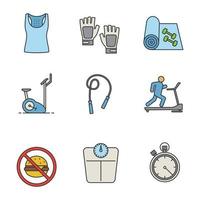 Fitness color icons set. Tank top, gym gloves, yoga mat, exercise bike, jump rope, treadmill, healthy nutrition, floor scales, stopwatch. Isolated vector illustration