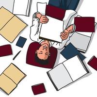 a man lying down reading a book with several books scattered around him vector