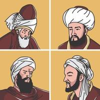 vector illustration of four Islamic scholars - Jalaluddin Rumi, Muhammad Al-Ghazali, Ibn Rushd, Ibn Sina, physician, theologian, philosopher, poet, medician