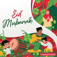 saludos de eid mubarak con ilustraciones complejas en verde, rojo y amarillo vector