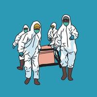 illustration of several health workers carrying coffins on a blue background vector