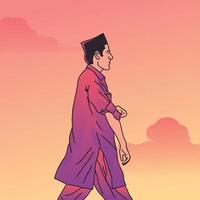 illustration of a Muslim man walking while rolling up his sleeves on a twilight background vector