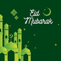 eid mubarak greeting with illustrations of mosques and stars in green vector