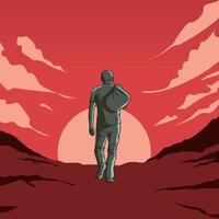 illustration of a man holding a bundle of cloth walking away on a red twilight background vector