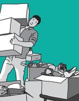 illustration of a man packing things so that they are neat, suitable for decluttering illustrations in a minimalist lifestyle concept vector