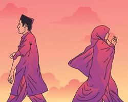 illustration of a Muslim woman and a Muslim man walking in opposite directions against a twilight background vector