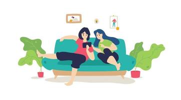 A married couple is resting on the sofa. Vector. Flat cartoon style. Music lessons. The guy with the girl surfing the Internet while sitting at home. Shopping online. Chatting with friends. vector