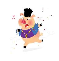 Illustration of a pig with a microphone. Vector. Hip-hop performer of popular songs in a pig costume. Mascot for music club, cafe, karaoke. Bright cartoon image. Character to pack and site. vector