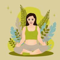 Smiling woman is engaged in meditation in the lotus pose on the background with tropical leaves.
