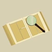 Retro open book and vintage loupe. vector