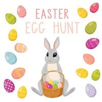 Vector cute poster for Easter Egg Hunt with a cute rabbit with basket of colored eggs.