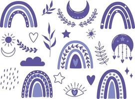 Vector hand-drawn boho clipart in trendy 2022 Very Peri color for nursery decoration with rainbows, moon, sun, cloud, branches. Doodle modern illustration.
