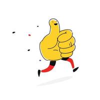 Illustration of like. Vector. Thumb up with legs. Cartoon flat style. Yellow character for company and logo. Fun positive icon.