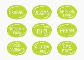 Set of hand drawn green food labels - organic, fresh, vegan, eco, healthy, bio, natural. vector