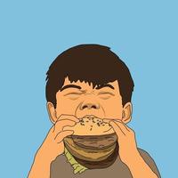 Kid eat burger in cartoon vector drawing