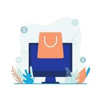 Ecommerce and online shopping illustration concept. Flat vector of computer and shopping bag.