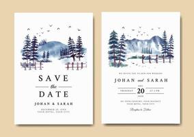 Wedding invitation of winter landscape with blue fresh pine trees watercolor vector