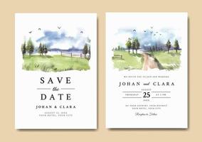 invitación de boda de paisaje de naturaleza verde acuarela con valla de jardín y carretera vector