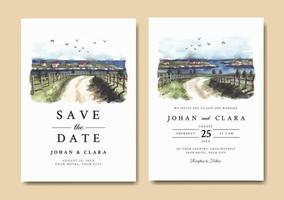 invitación de boda acuarela del paisaje natural con carretera y mar vector