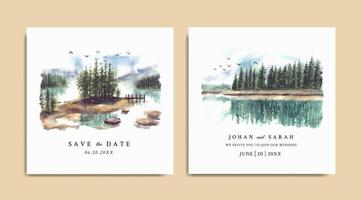 Wedding invitation with reflection of beautiful pine trees in lake watercolor vector