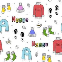 Warm clothes, hygge pattern. Illustration for printing, backgrounds, wallpapers, covers, packaging, greeting cards, posters, stickers, textile and seasonal design. Isolated on white background. vector