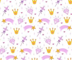 Crown. magic wand, diamond seamless pattern for little princess. Background for design, web site, textile, fabric, card and wrapping paper. Girl print. vector