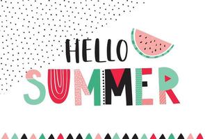 Hello Summer Phrase hand lettering  Vector illustration with funky colorful letters. Hand drawn typography with watermelon and traingles.