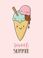 personaje de cono de helado lindo de dibujos animados. ilustración vectorial para el verano. postre de helado sonriente. vector