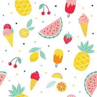 patrón de frutas y helados de verano. lindo fondo vectorial sin costuras con piña, sandía, limón, naranja, fresa, cono de helado, paleta. vector