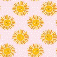 Cute sun pattern. Girl sky vector seamless background in yellow and pink. Summer weather. Retro design for kids.