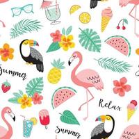 Seamless pattern with summer elements. Vector illustration of flamingo, toucan, pineapple, tropical leaves, watermelon, flowers, sunglasses, ice cream.