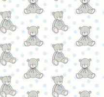 Baby toys pattern. Teddy bear and polka dots vector seamless background in hand drawn doodle style. Baby boy, kids design.