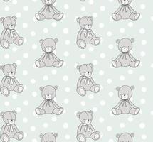 Teddy bear hand drawn pattern. Vector seamless background with toy bear and polka dots on a mint color.
