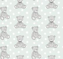 Teddy bear hand drawn pattern. Vector seamless background with toy bear and polka dots on a mint color.