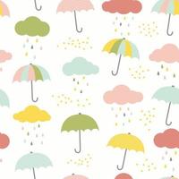 Vector kids pattern with clouds, rain drops and umbrellas. Cute colorful seamless background in blue, pink, yellow and green.