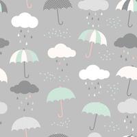 Cute vector pattern with umbrellas, clouds and rain drops. Scandinavian style seamless background.