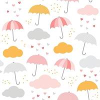patrón de vectores de lluvia. lindo paraguas, nube, gotas de lluvia, corazones. bebé, diseño de impresión sin costuras para niños.