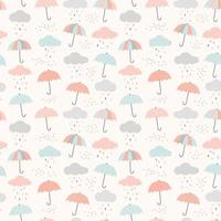 Vector umbrella pattern with clouds and rain drops. Cute colorful seamless background in pastel blue, pink and gray.