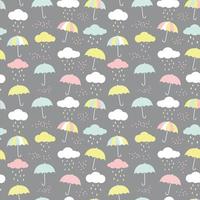 Vector pattern with umbrellas, clouds and raindrops. Colorful seamless background for kids.