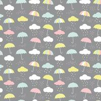 Vector pattern with umbrellas, clouds and raindrops. Colorful seamless background for kids.