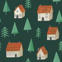 Vector seamless pattern with houses and forest. Woodland seamless background with trees  and small buildings. Hand drawn illustration.