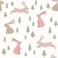 Woodland vector pattern with rabbits and small trees. Vintage seamless print illustration with cute bunnies and forest.