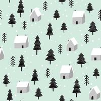 Scandinavian forest vector pattern. Hand drawn trees and houses in black white and mint. Seamless background design.