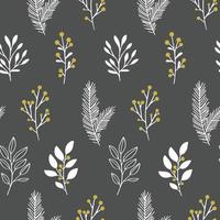 Vector winter floral pattern on a dark background. Seamless background with winter branches and leaves. Hand drawn floral elements. Vintage botanical illustrations.