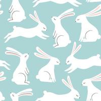 Cute rabbit vector pattern. Hand drawn white bunnies on blue background. Spring easter seamless print.