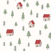 Vector seamless pattern with houses and trees. Forest, woodland tileable background.